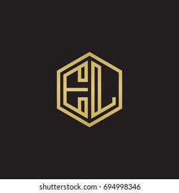 Initial letter EL, minimalist line art hexagon logo, gold color on black background