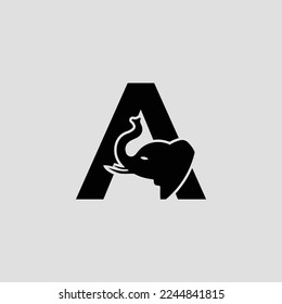 Initial letter A with elephant shape line art. Modern Elephant A Letter Alphabet Logo Design.