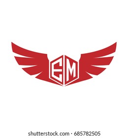 Initial Letter EM Logo, Hexagon Shape with Wings Icon