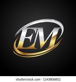 initial letter EM logotype company name colored gold and silver swoosh design. isolated on black background.