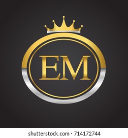 initial letter EM logotype company name with oval shape and crown, gold and silver color. vector logo for business and company identity.