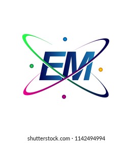 initial letter EM logotype science icon colored blue, red, green and yellow swoosh design. vector logo for business and company identity.