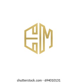 Initial letter EM, minimalist line art hexagon shape logo, gold color