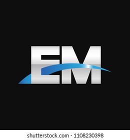 Initial letter EM, overlapping movement swoosh logo, metal silver blue color on black background