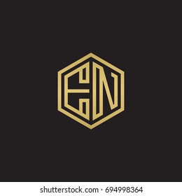 Initial letter EN, minimalist line art hexagon logo, gold color on black background