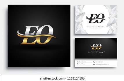 initial letter EO logotype company name colored gold and silver swoosh design. Vector sets for business identity on white background.