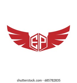 Initial Letter EP Logo, Hexagon Shape with Wings Icon