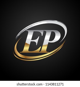 initial letter EP logotype company name colored gold and silver swoosh design. isolated on black background.
