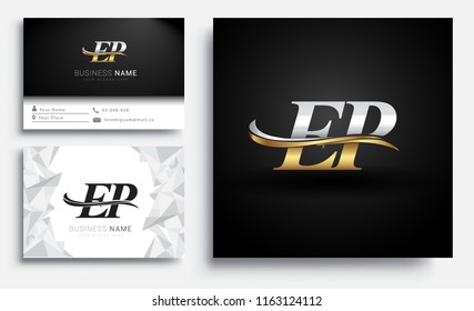 initial letter EP logotype company name colored gold and silver swoosh design. Vector sets for business identity on white background.