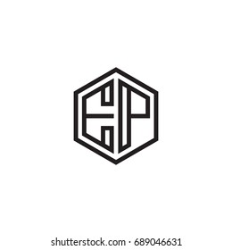 Initial letter EP, minimalist line art monogram hexagon logo, black color