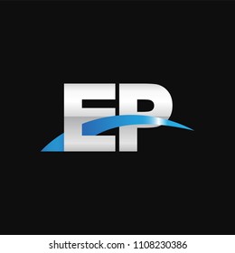 Initial letter EP, overlapping movement swoosh logo, metal silver blue color on black background