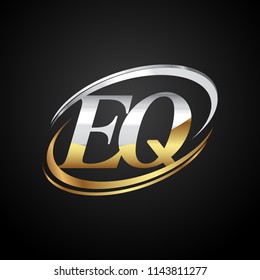 initial letter EQ logotype company name colored gold and silver swoosh design. isolated on black background.