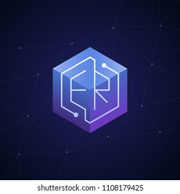Initial letter ER, block chain, looping mono line circuit letter on hexagon cube logo, blue magenta gradient color on black blue network background