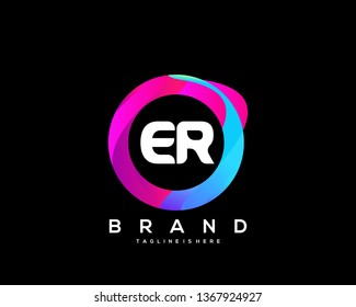 Initial letter ER logo with colorful circle background, letter combination logo design for creative industry, web, business and company. - Vector