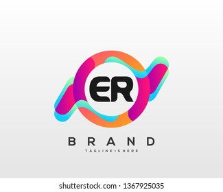Initial letter ER logo with colorful circle background, letter combination logo design for creative industry, web, business and company. - Vector