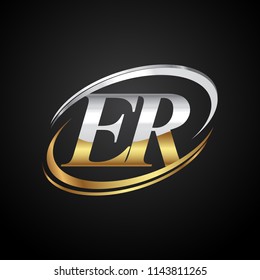 initial letter ER logotype company name colored gold and silver swoosh design. isolated on black background.