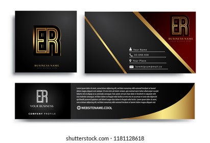 initial letter ER logotype company name colored gold elegant design. Vector sets for business identity on black background.
