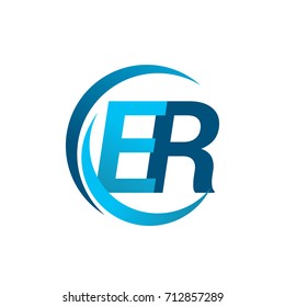 initial letter ER logotype company name blue circle and swoosh design. vector logo for business and company identity.