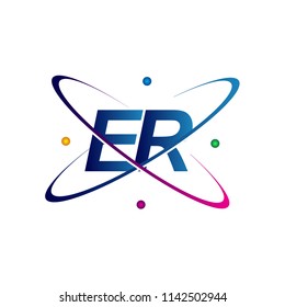 initial letter ER logotype science icon colored blue, red, green and yellow swoosh design. vector logo for business and company identity.
