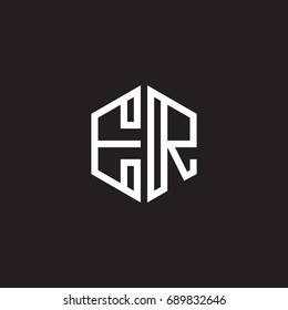 Initial letter ER, minimalist line art monogram hexagon shape logo, white color on black background