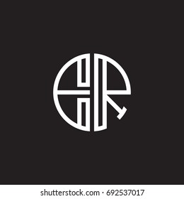 Initial letter ER, minimalist line art monogram circle shape logo, white color on black background