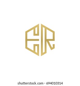 Initial letter ER, minimalist line art hexagon shape logo, gold color