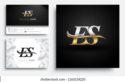 initial letter ES logotype company name colored gold and silver swoosh design. Vector sets for business identity on white background.