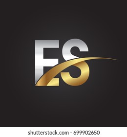 initial letter ES logotype company name colored gold and silver swoosh design. isolated on black background.