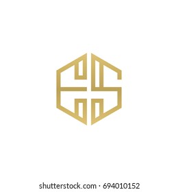 Initial letter ES, minimalist line art hexagon shape logo, gold color