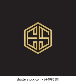 Initial letter ES, minimalist line art hexagon logo, gold color on black background