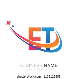 initial letter ET logotype company name colored orange, red and blue swoosh star design. vector logo for business and company identity.