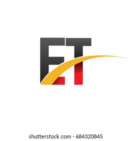 initial letter ET logotype company name colored red, black and yellow swoosh design. isolated on white background.
