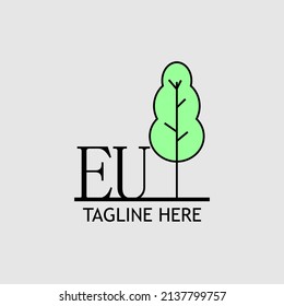 Initial letter EU with green tree logo. Minimal, simple and unique.