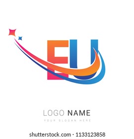 initial letter EU logotype company name colored orange, red and blue swoosh star design. vector logo for business and company identity.