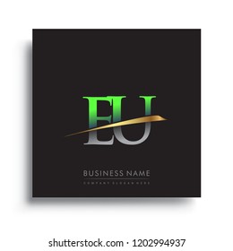 initial letter EU logotype company name colored green and gold swoosh design. vector logo for business and company
