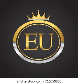 initial letter EU logotype company name with oval shape and crown, gold and silver color. vector logo for business and company identity.