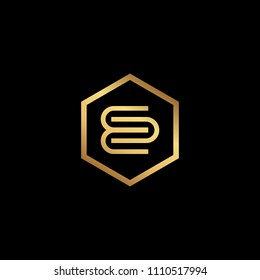 Initial letter EU UE EN NE minimalist art hexagon shape logo, gold color on black background