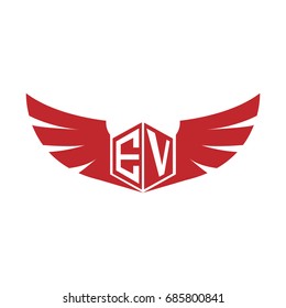 Initial Letter EV Logo, Hexagonal Shape with Wings Icon