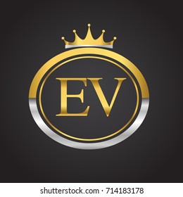 initial letter EV logotype company name with oval shape and crown, gold and silver color. vector logo for business and company identity.