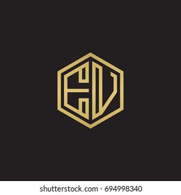 Initial letter EV, minimalist line art hexagon logo, gold color on black background