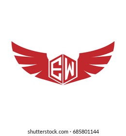 Initial Letter EW Logo, Hexagonal Shape with Wings Icon