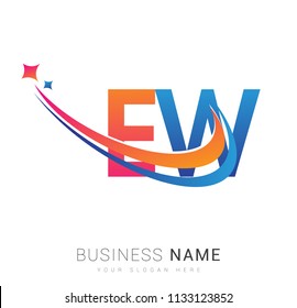 initial letter EW logotype company name colored orange, red and blue swoosh star design. vector logo for business and company identity.