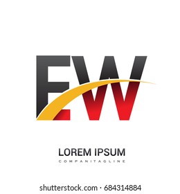 initial letter EW logotype company name colored red, black and yellow swoosh design. isolated on white background.
