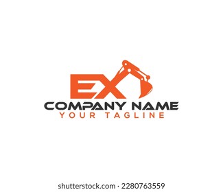 Initial Letter EX  Excavator Logo Design Concept. Creative Excavators, Construction Machinery Special Equipment Vector Illustration.