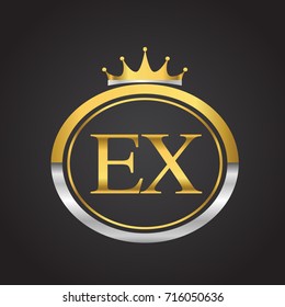 initial letter EX logotype company name with oval shape and crown, gold and silver color. vector logo for business and company identity.