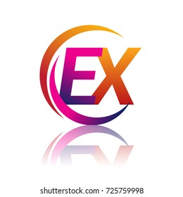 initial letter EX logotype company name orange and magenta color on circle and swoosh design. vector logo for business and company identity.
