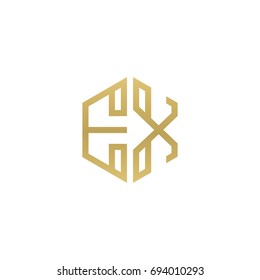 Initial letter EX, minimalist line art hexagon shape logo, gold color