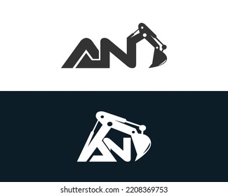 Initial Letter AN  Excavator Logo Design Concept. Creative Excavators, Construction Machinery Special Equipment Vector Illustration.