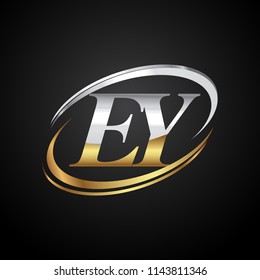 initial letter EY logotype company name colored gold and silver swoosh design. isolated on black background.