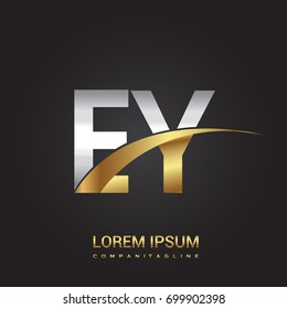 initial letter EY logotype company name colored gold and silver swoosh design. isolated on black background.